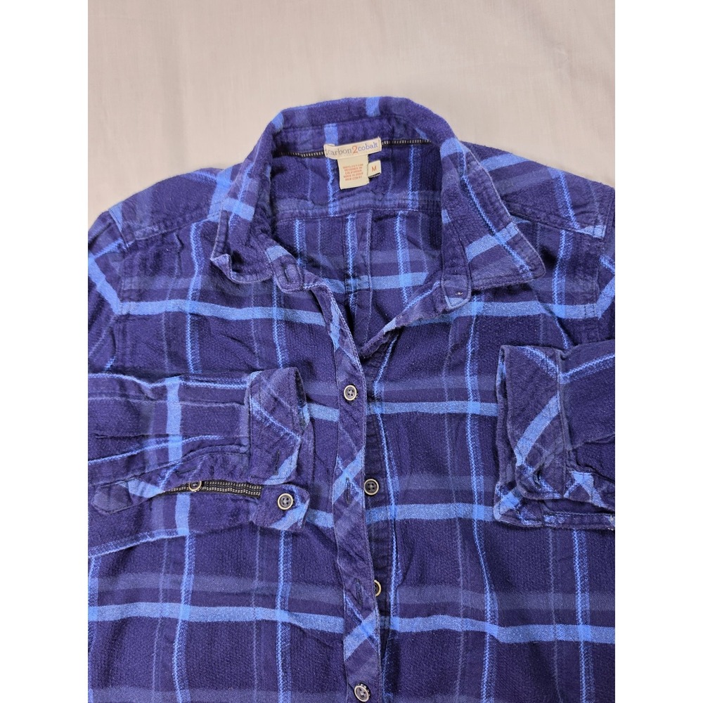 Carbon2Cobalt Mens Medium Blue Plaid Flannel Button Up Long Sleeve Shirt Zip Pkt